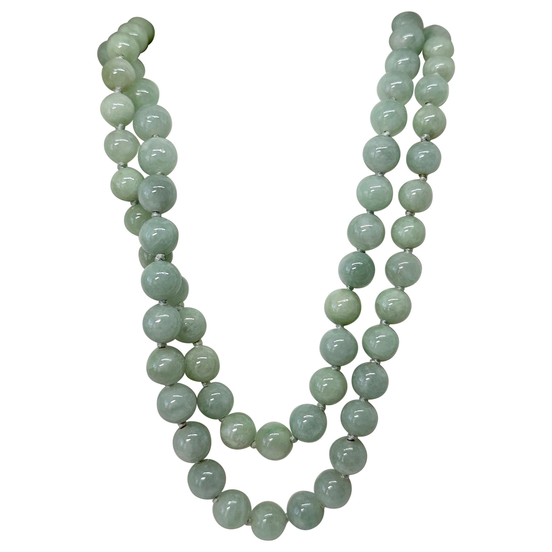 Collier Art déco 30 pouces en or jaune 14 carats perles de jade 10 mm