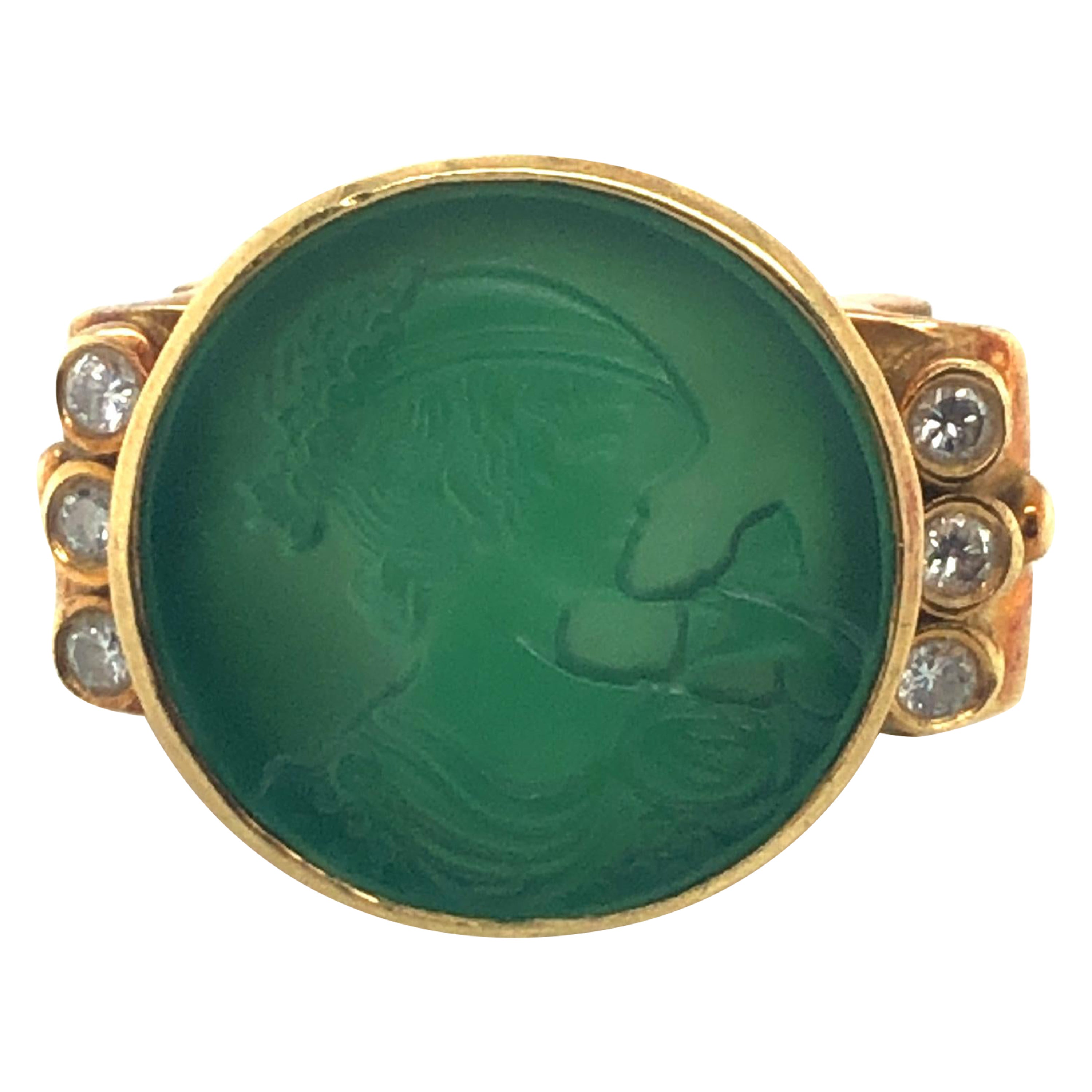 Green Intaglio Ring 18K Yellow Gold For Sale