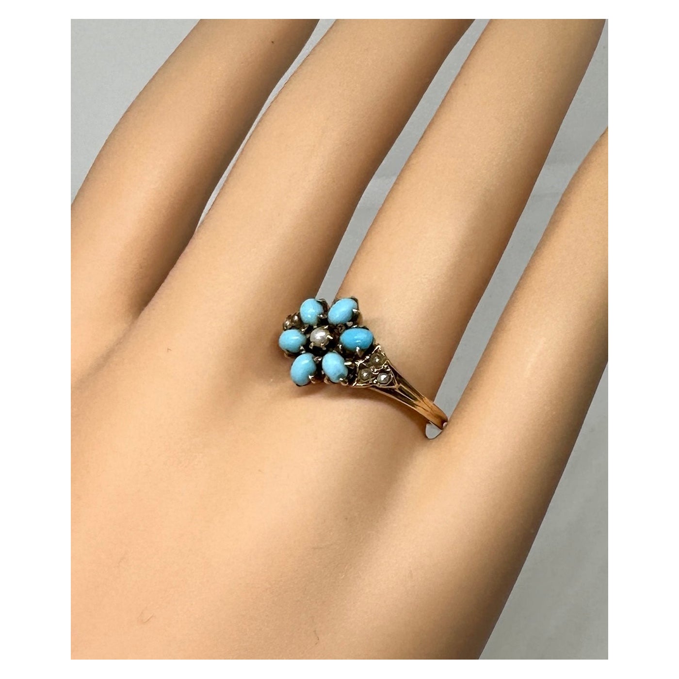 Victorian Turquoise Pearl Ring Flower Motif Gold Antique Engagement Ring For Sale