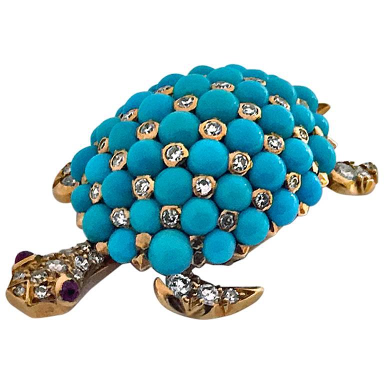 Exquisite 18K Turquoise Diamond Ruby Turtle Clip Brooch