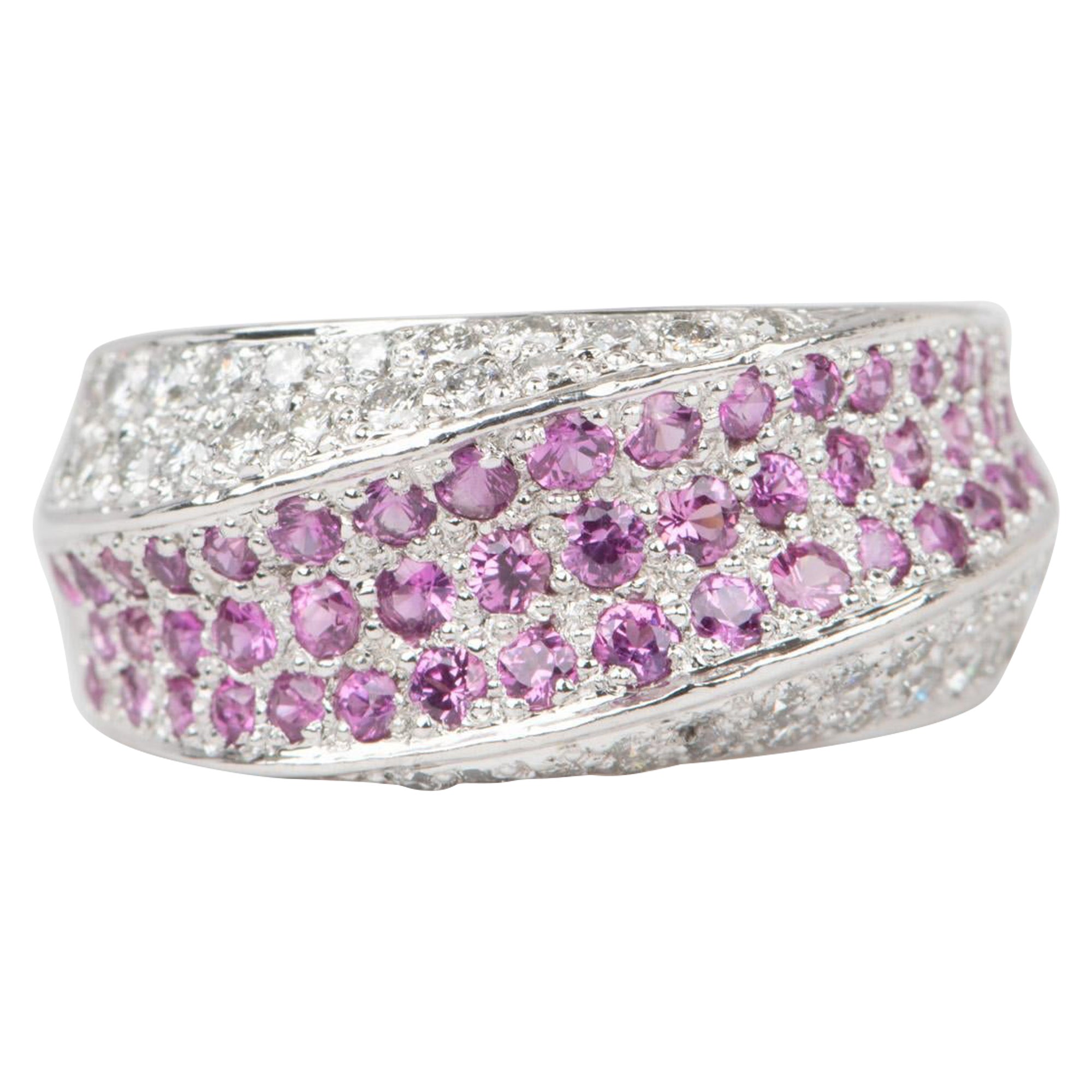 Dual Tone Three Dimensional Diamond and Pink Sapphire Band Ring 18K Gold V1130 For Sale