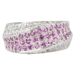 Dual Tone Three Dimensional Diamond and Pink Sapphire Band Ring 18K Gold V1130