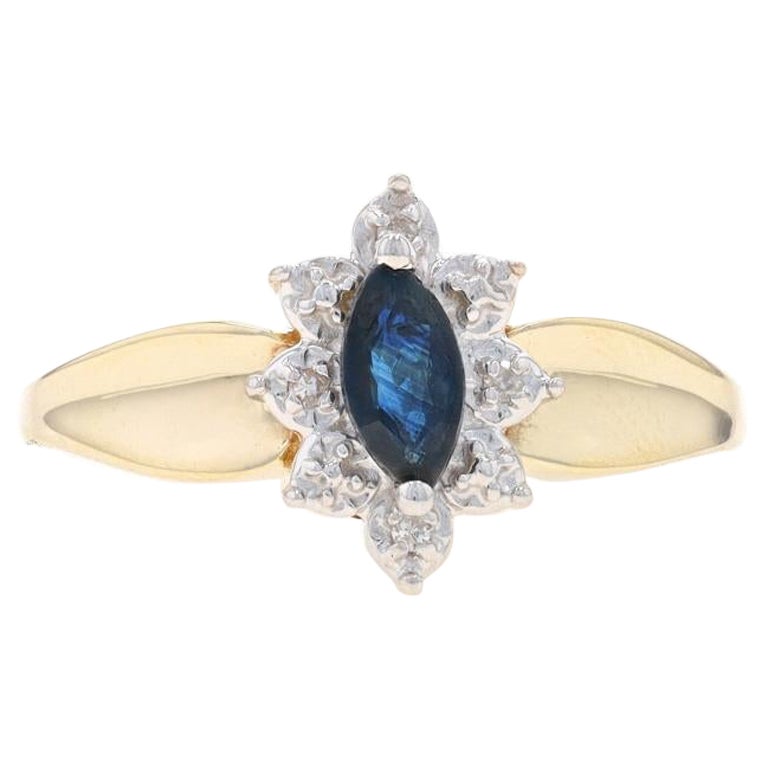 Yellow Gold Sapphire & Diamond Ring - 10k Marquise .40ctw Floral Halo-Inspired For Sale