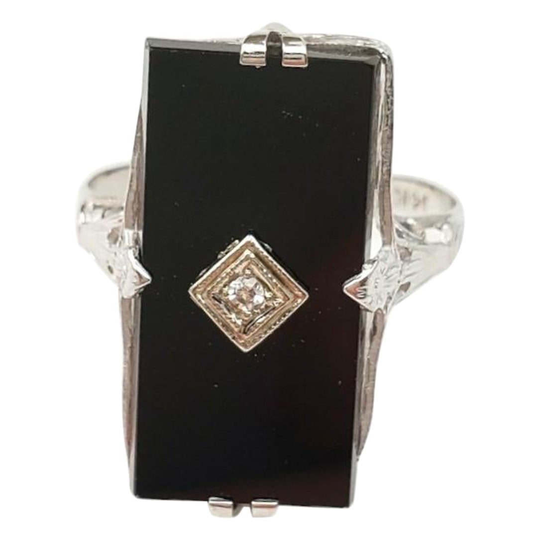 14K White Gold Filigree Onyx Diamond Ring #16587 For Sale