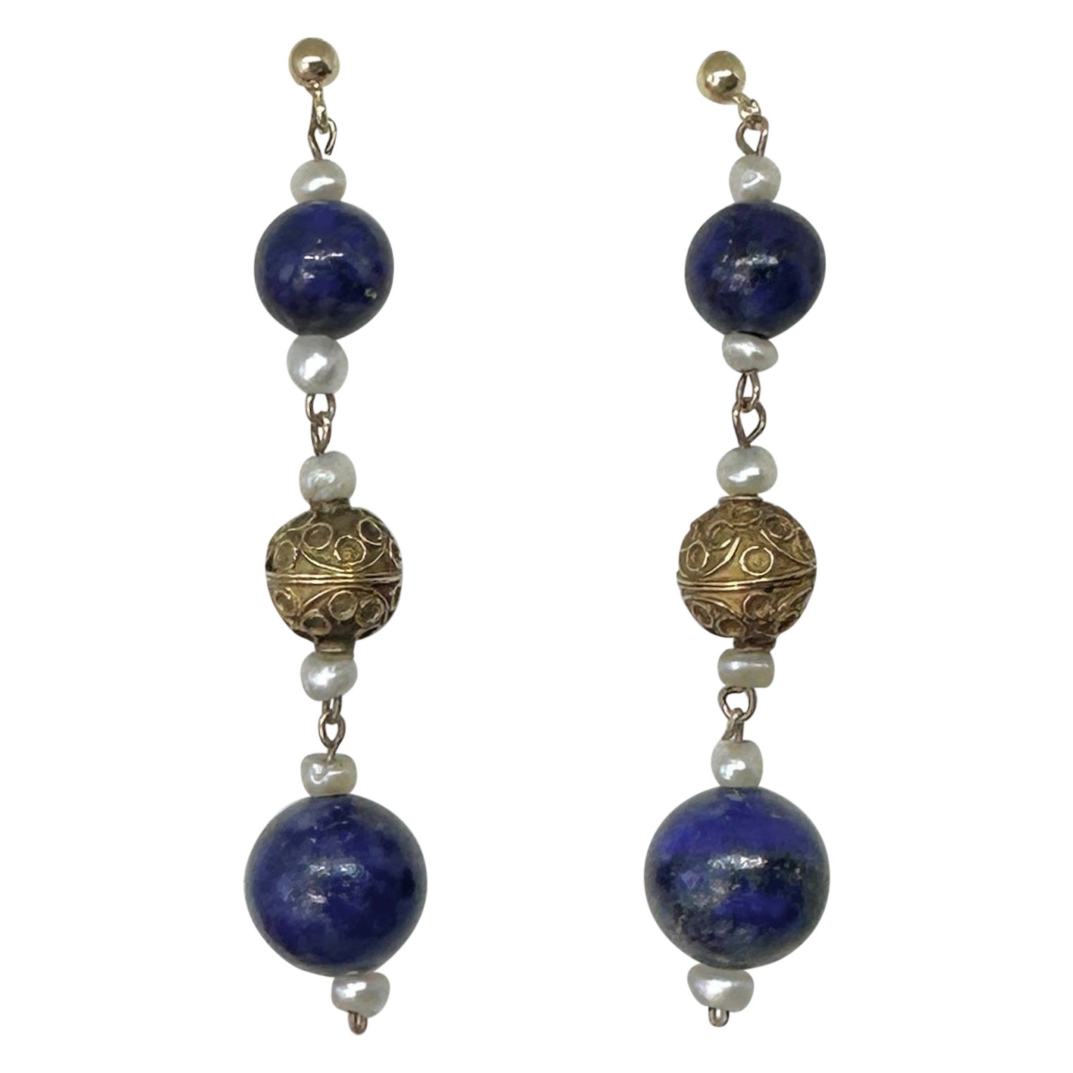 Victorian Etruscan Lapis Lazuli Pendant Dangle Drop Earrings 14 -18 Karat Gold For Sale