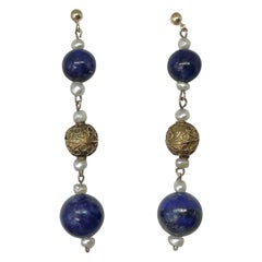 Vintage Victorian Etruscan Lapis Lazuli Pendant Dangle Drop Earrings 14 -18 Karat Gold