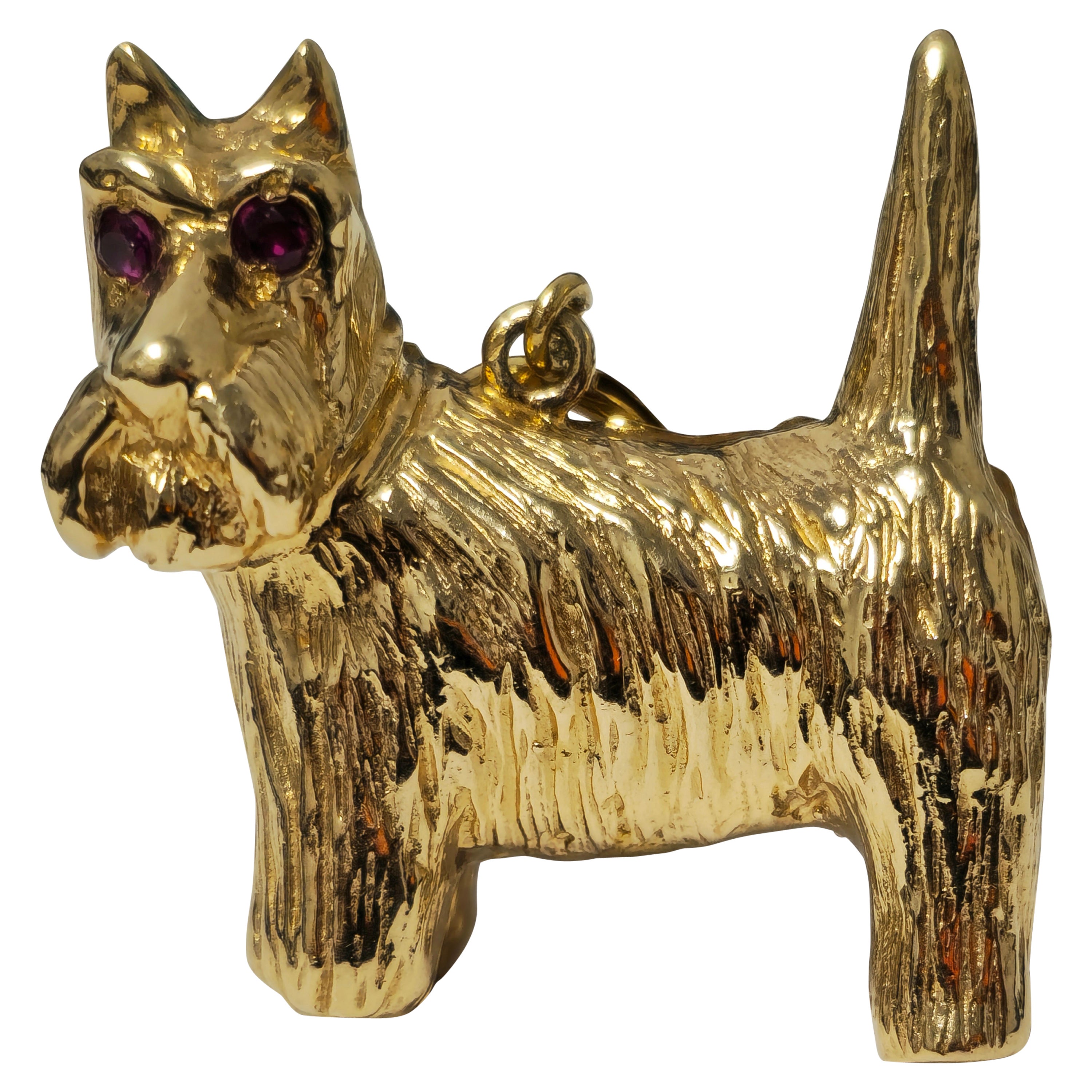 20th century 14k Yellow Gold Dog Motif Ruby Pendant For Sale