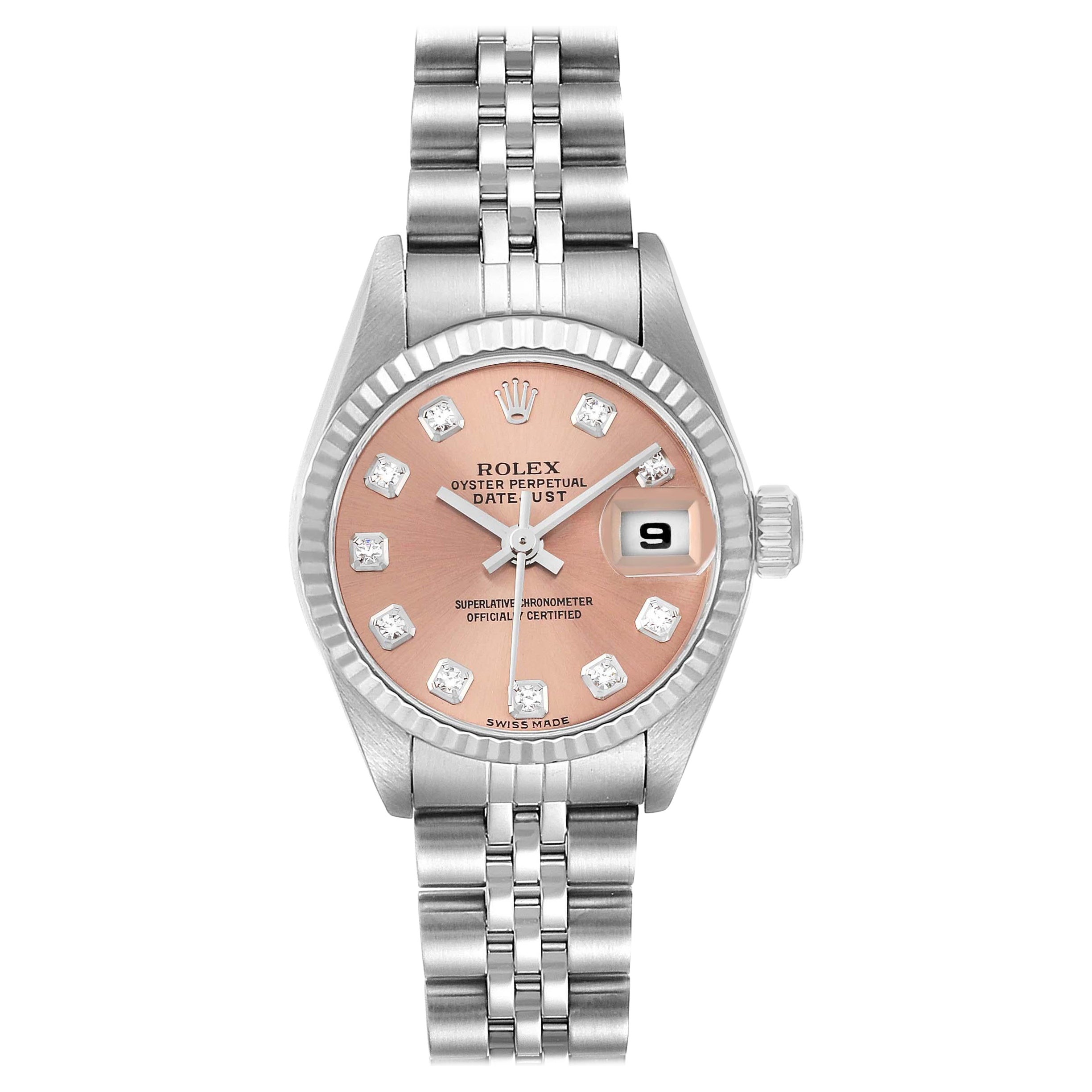 Rolex Datejust Salmon Diamond Dial White Gold Steel Ladies Watch 79174