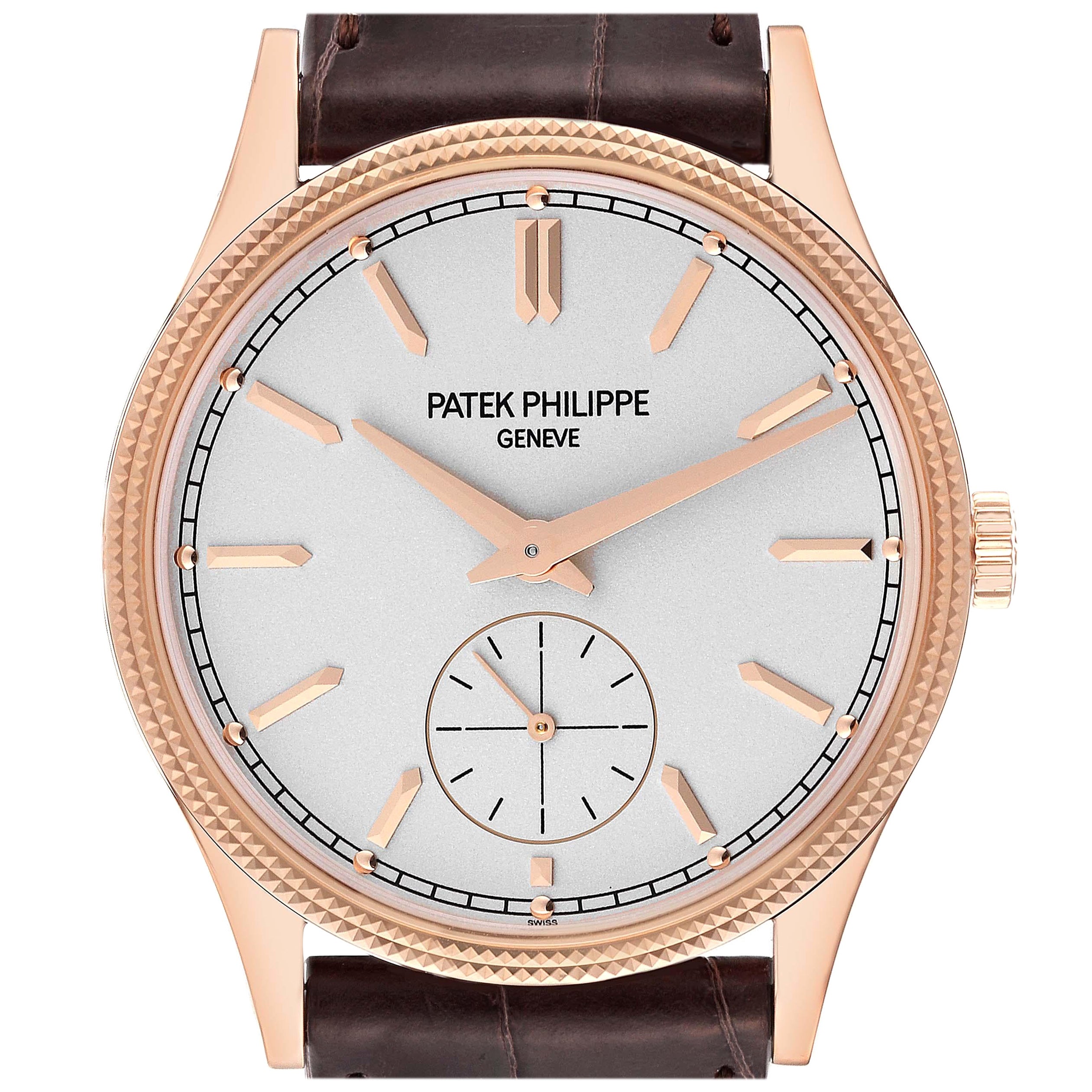 Patek Philippe Calatrava Rose Gold Brown Strap Mens Watch 6119 Box Papers en vente