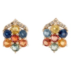 Boucles d'oreilles éblouissantes en or jaune 14 carats avec saphirs multicolores et diamants