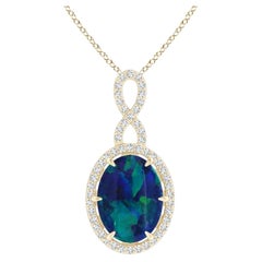 GIA-zertifizierter ovaler schwarzer Opal-Halo-Anhänger mit Infinity Bale aus 14 Karat Gelbgold