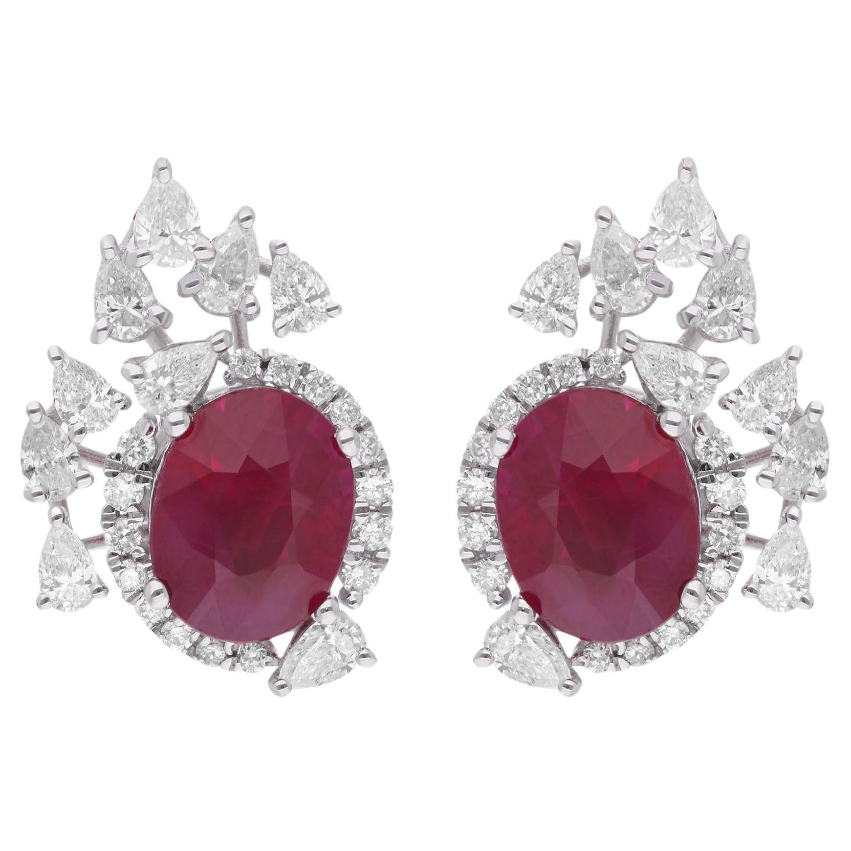 Oval Ruby Gemstone Stud Earrings Diamond 14 Karat White Gold Handmade Jewelry