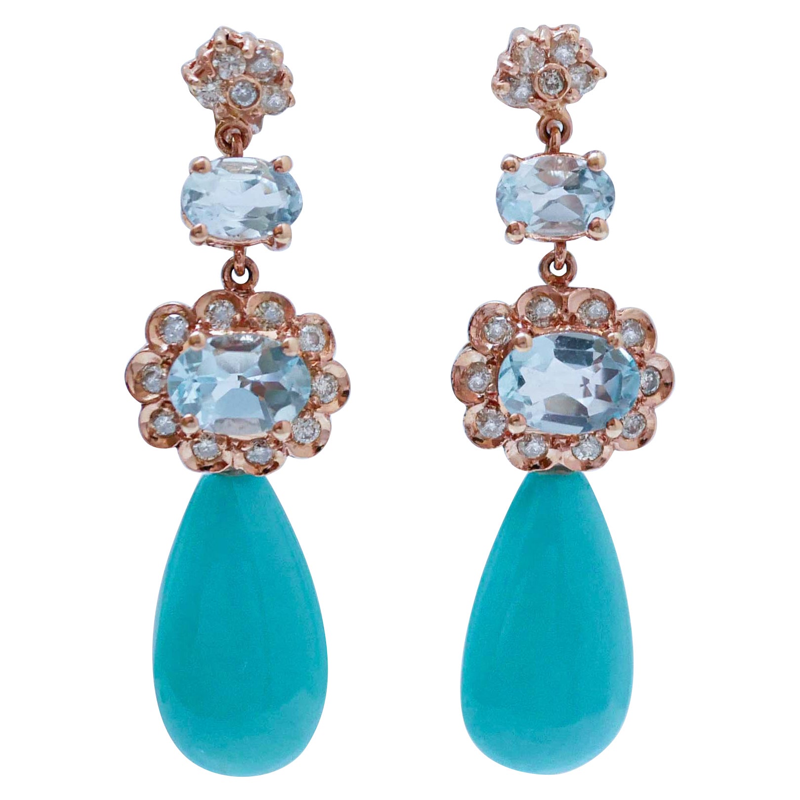 Turquoise, Aquamarina Colour Topazs, Diamonds, 14 Kt Rose Gold Earrings. For Sale