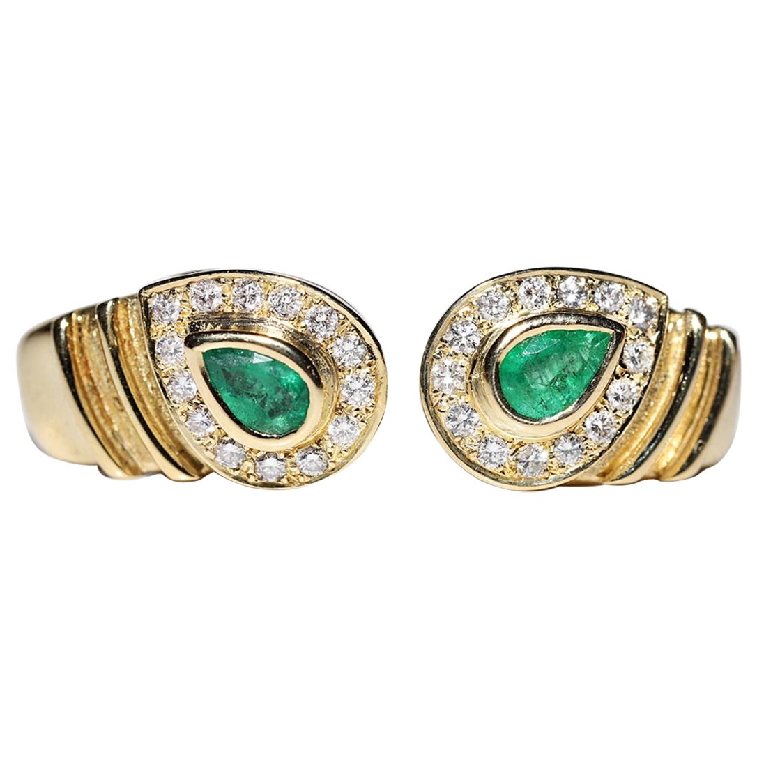 Vintage Circa 1980s 18k Gold Natural Diamond And Emerald Decorated Earring For Sale