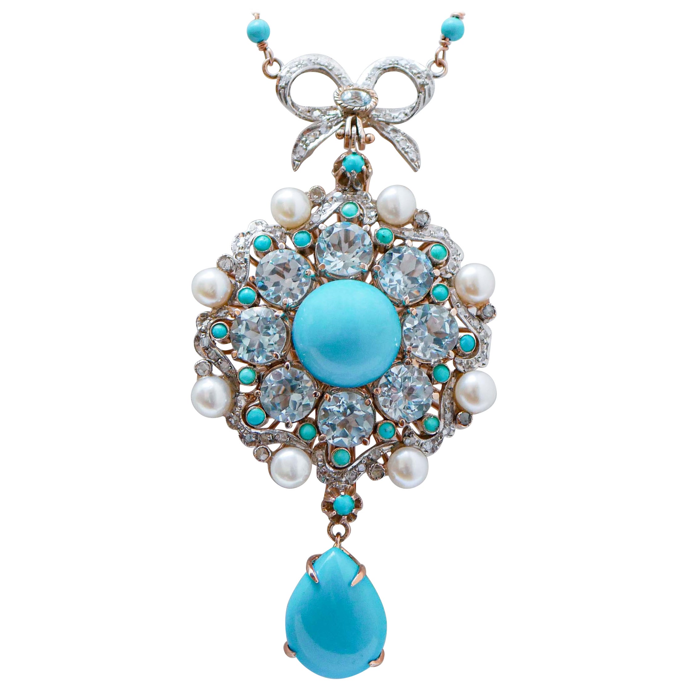 Turquoise, Magnesite, Aquamarine Colour Topazs, Diamonds, Pearls,  Necklace.