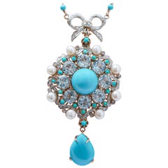 Turquoise, Magnesite, Aquamarine Colour Topazs, Diamonds, Pearls,  Necklace.