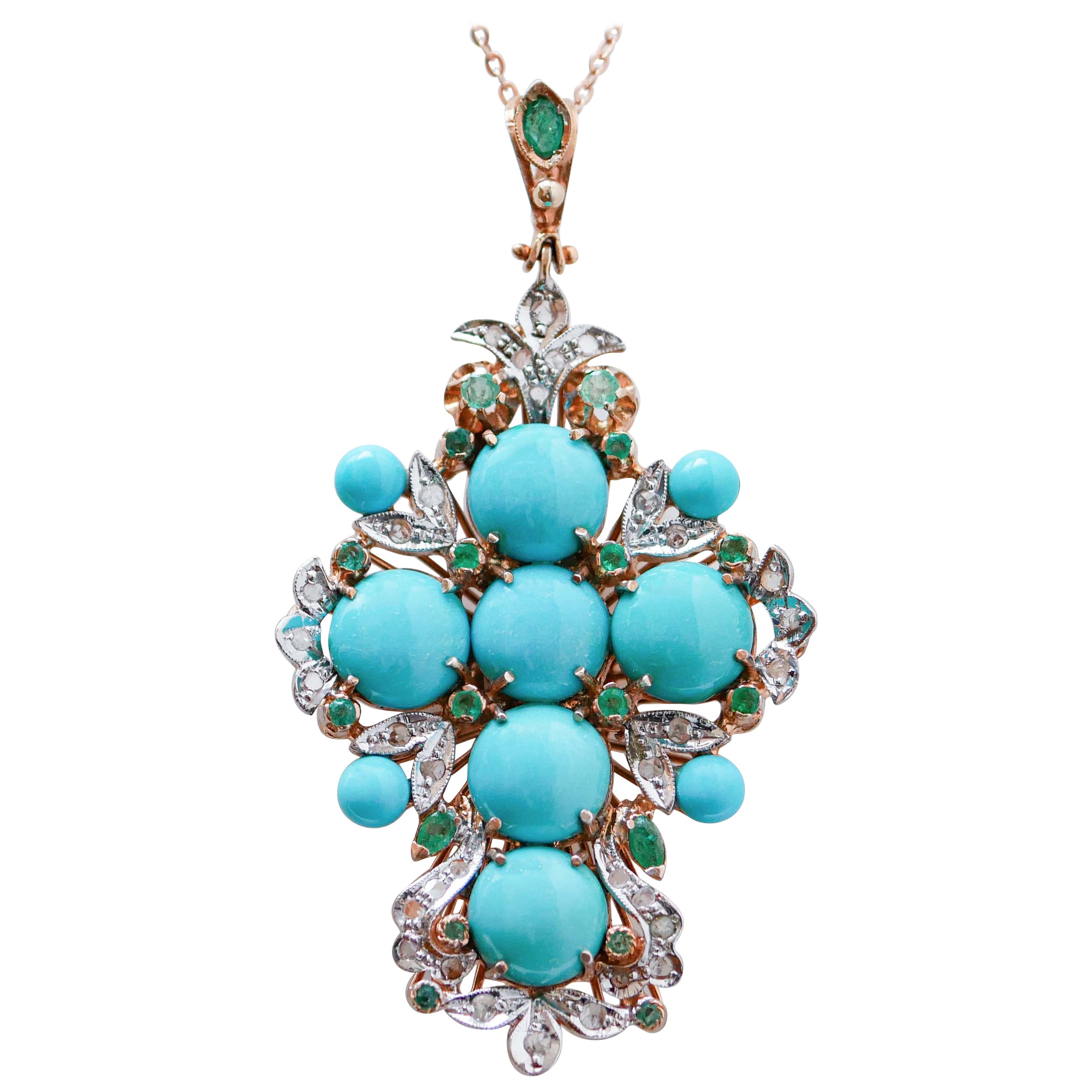 Turquoise, Emeralds, Diamonds, Rose Gold and Silver Cross Pendant Necklace For Sale