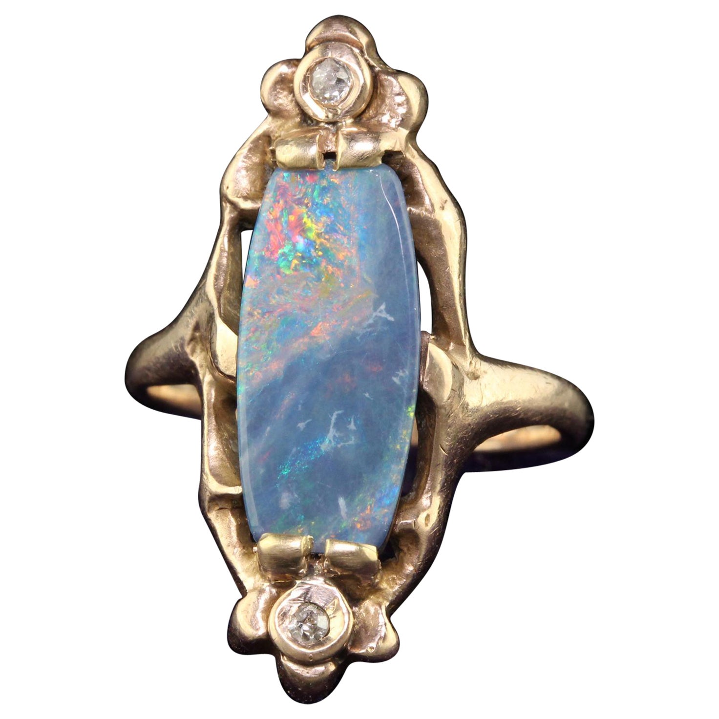 Antique Art Nouveau 10K Rose Gold Boulder Opal and Diamond Floral Ring For Sale