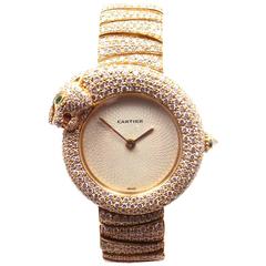 Cartier Ladies Yellow Gold Panther Panthere Diamond Emerald Bracelet Wristwatch 9