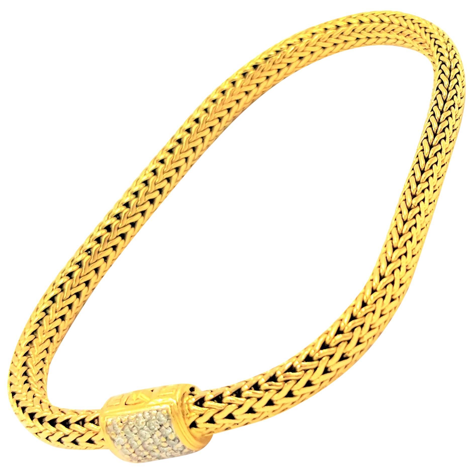 John Hardy 18kt Gold Classic Wheat Weave Pavé Diamond Clasp Like New Bracelet For Sale
