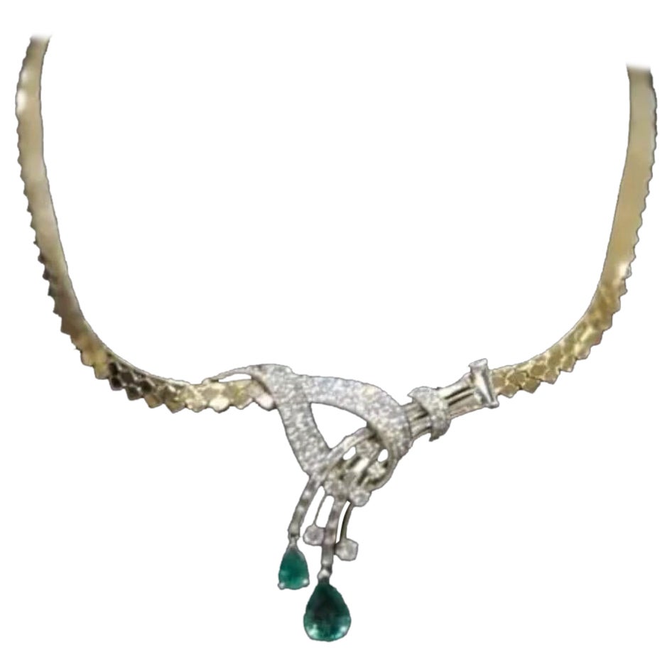 14K Yellow Gold Diamond & Emerald Necklace IGI Certified For Sale