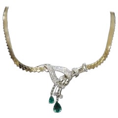 14K Yellow Gold Diamond & Emerald Necklace IGI Certified