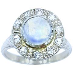 Art Deco Vivid Violet Color Change 1.05 Carat Moonstone .50 Carat Diamond Ring 