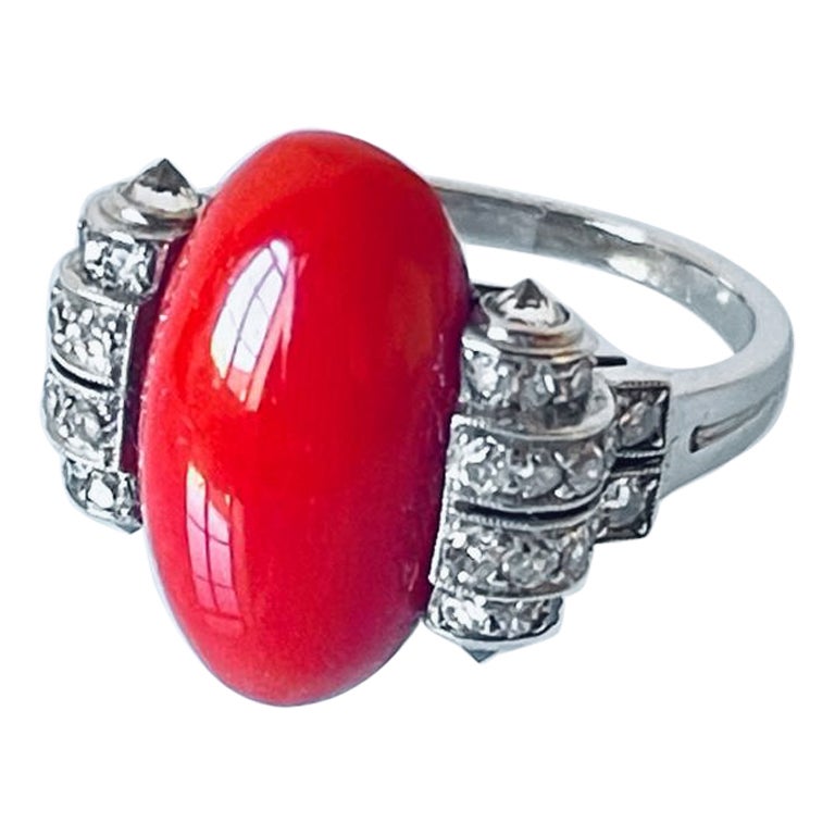 Boucheron Art Deco Diamond Coral Platinum Ring C1920 For Sale