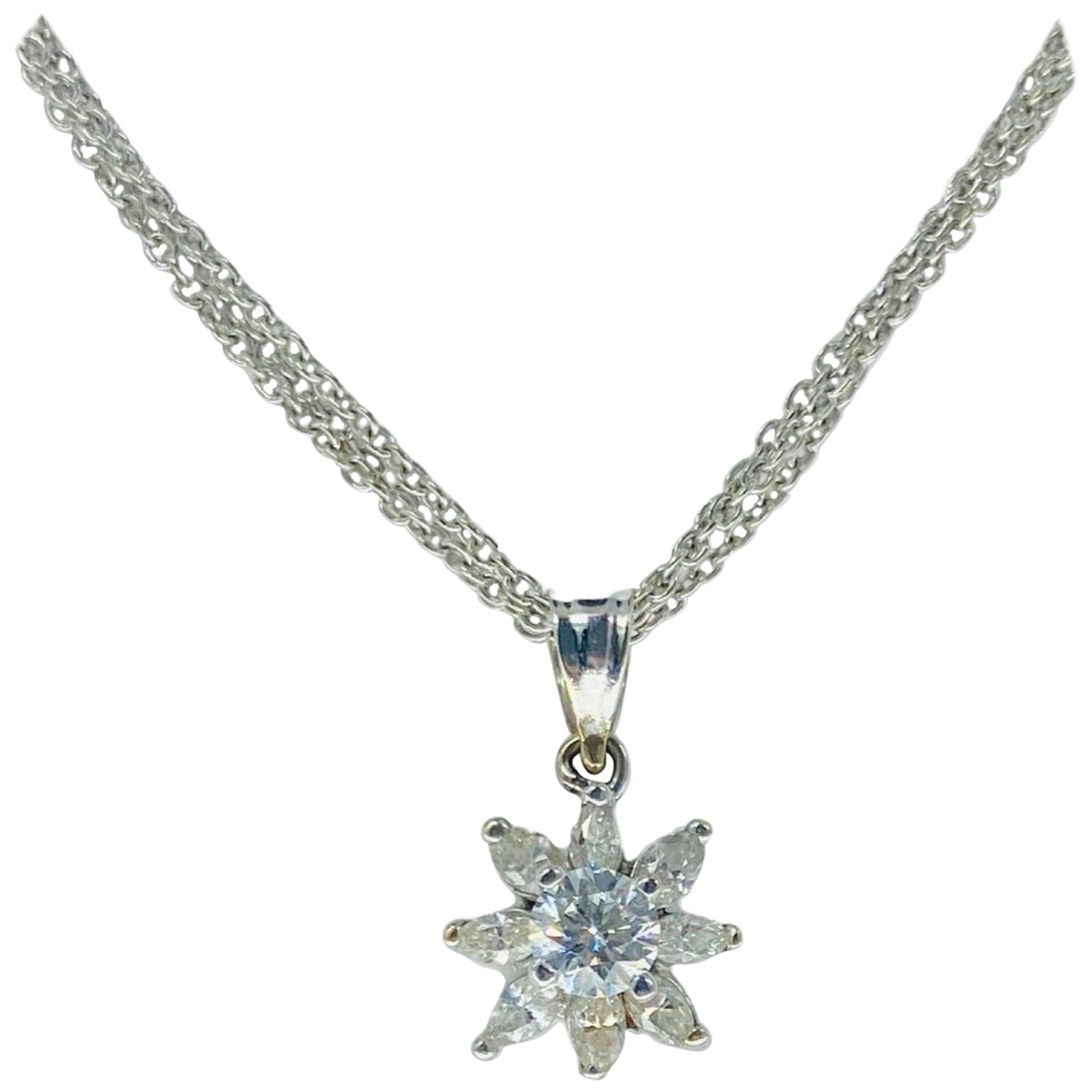 Vintage 0.75 Carat Diamonds Marquise Leaf Floral Pendant Necklace 18k White Gold For Sale