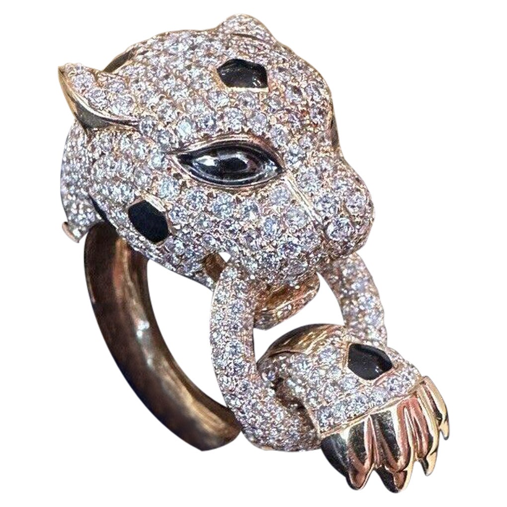 Diamond Pavé Panther Ring 3.51 Carat Total Weight in 18k Yellow Gold For Sale