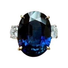 Three Stone Platinum Diamond 7.85 Carat Oval Peacock Sapphire Engagement Ring