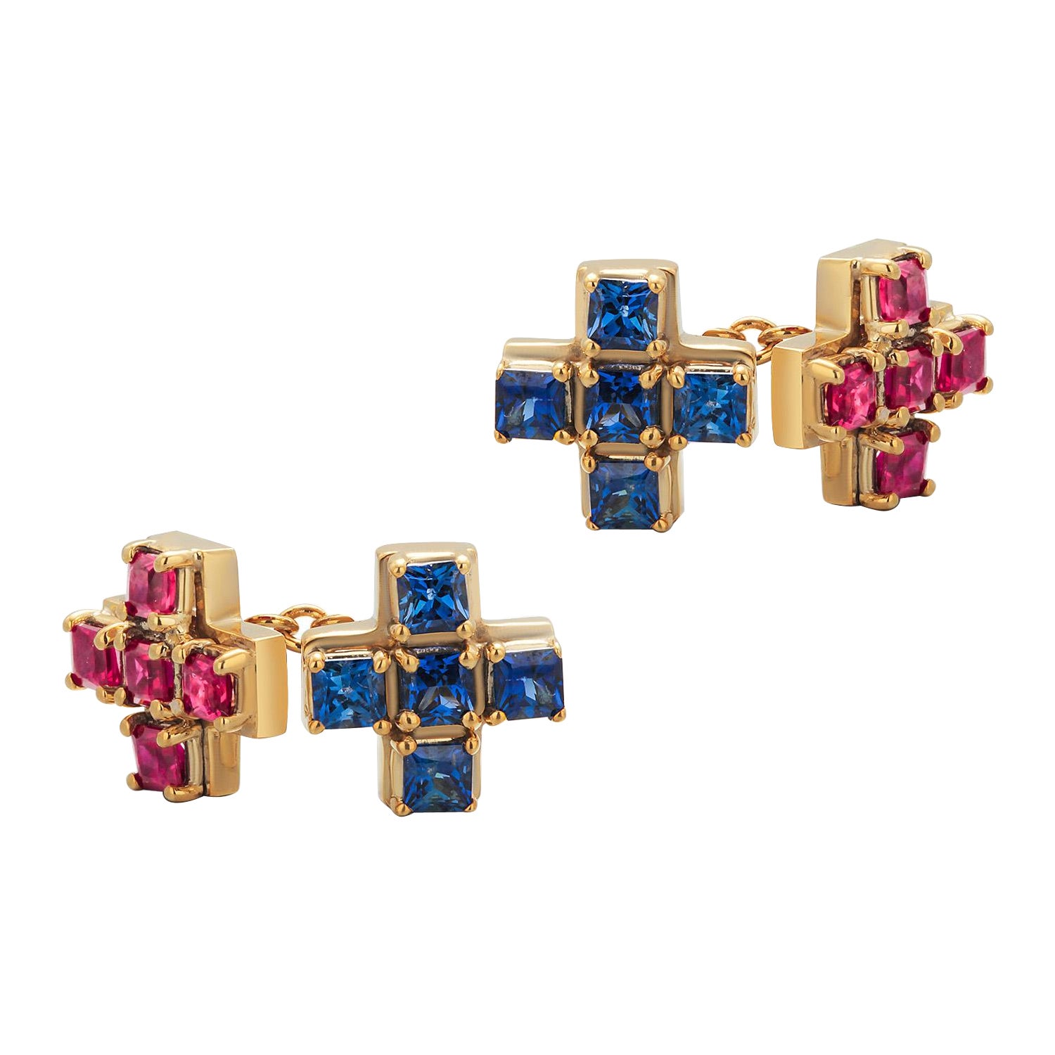 Princess Sapphire Princess Ruby 6.50 Carat 18 Karat Gold Double Sided Cufflinks  For Sale