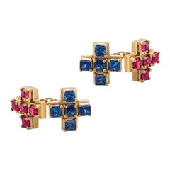 Princess Sapphire Princess Ruby 6.50 Carat 18 Karat Gold Double Sided Cufflinks 
