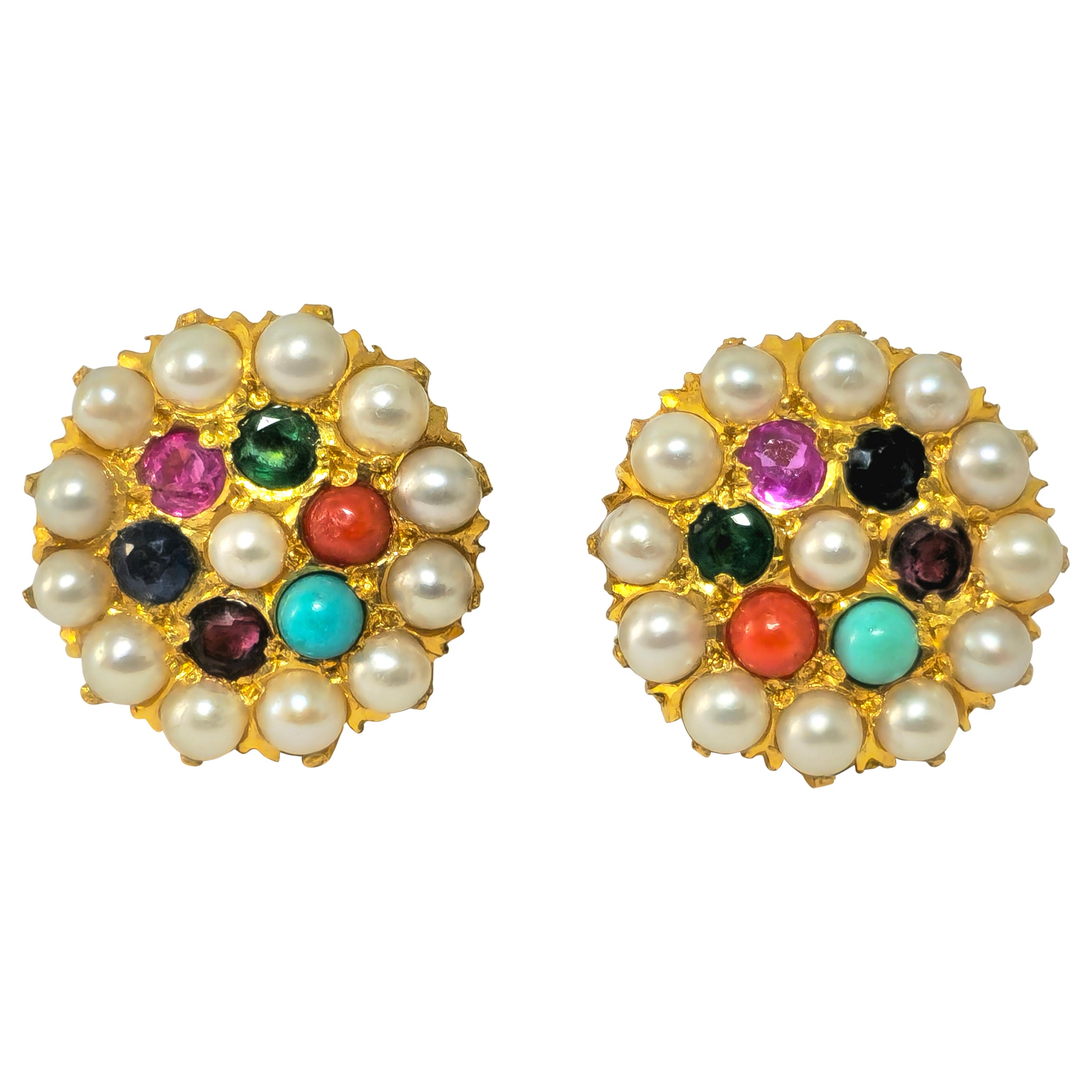 Vintage 22k Yellow Gold Pearl, Emerald and Sapphire Earrings For Sale