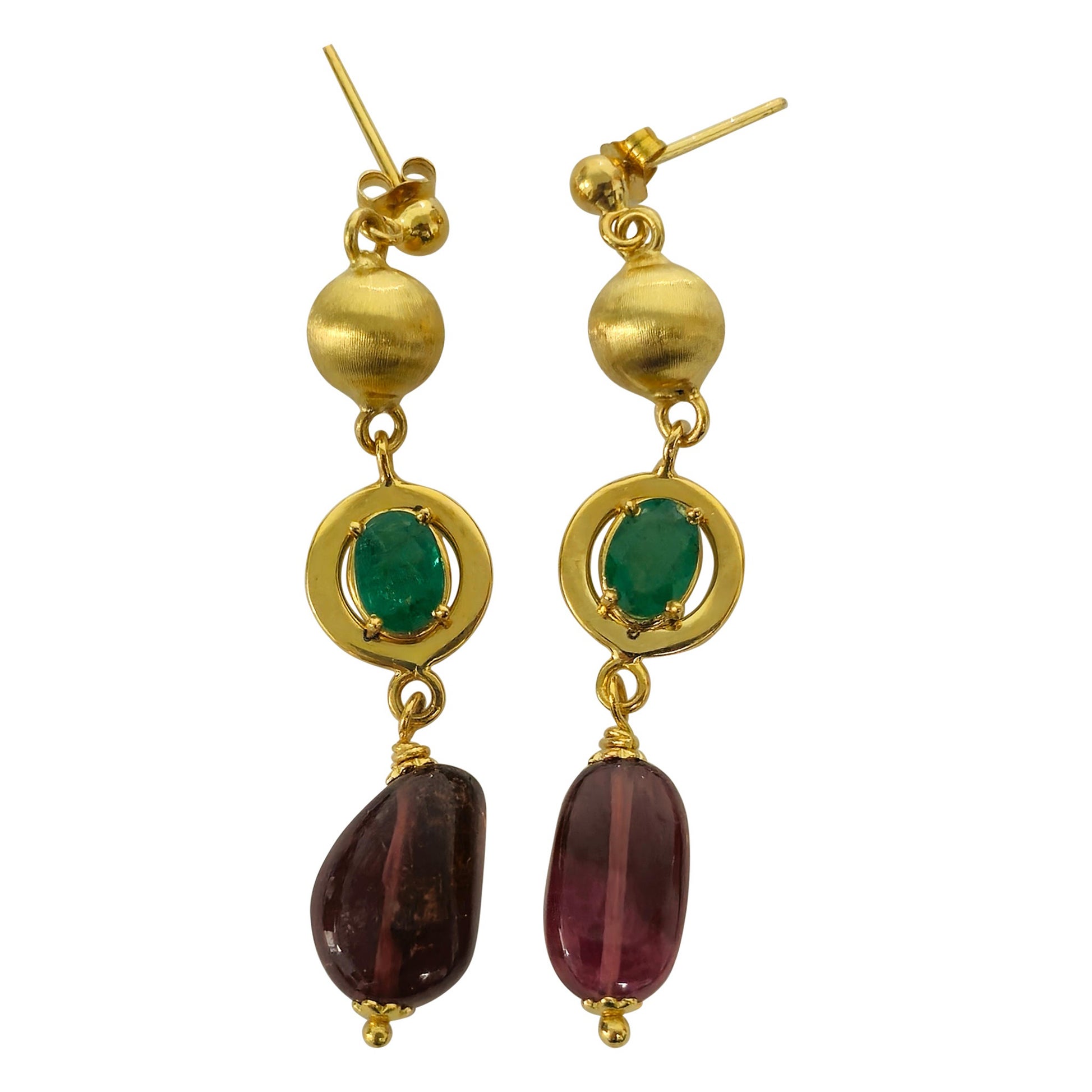 Womens Vintage Emerald, Tourmaline & 14K Gold Earrings For Sale