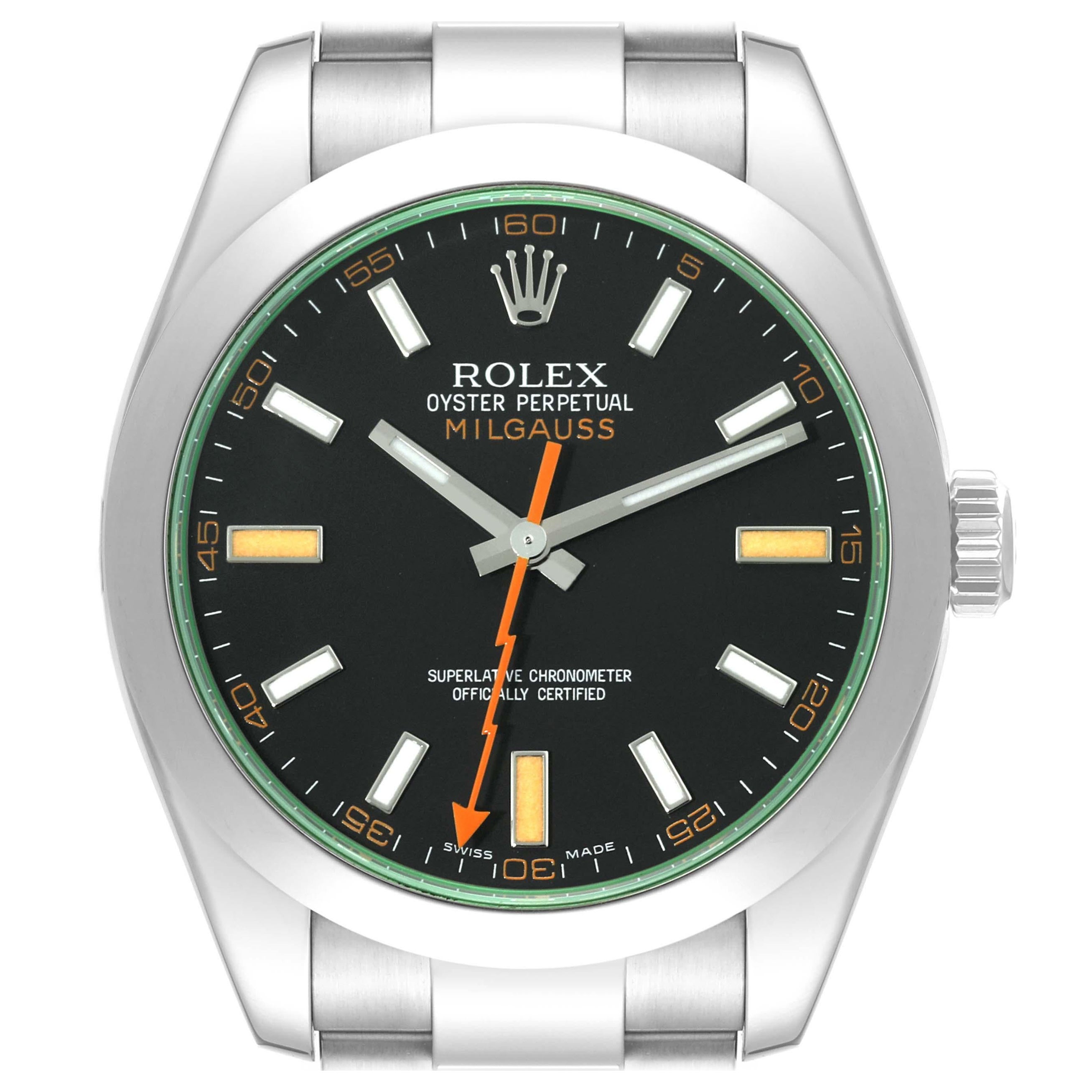 Rolex Milgauss Black Dial Green Crystal Steel Mens Watch 116400 Box Card For Sale