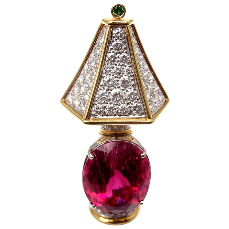 Tiffany & Co. Rubellite Tsavorite Diamond Yellow Gold Platinum Lamp Pin Brooch