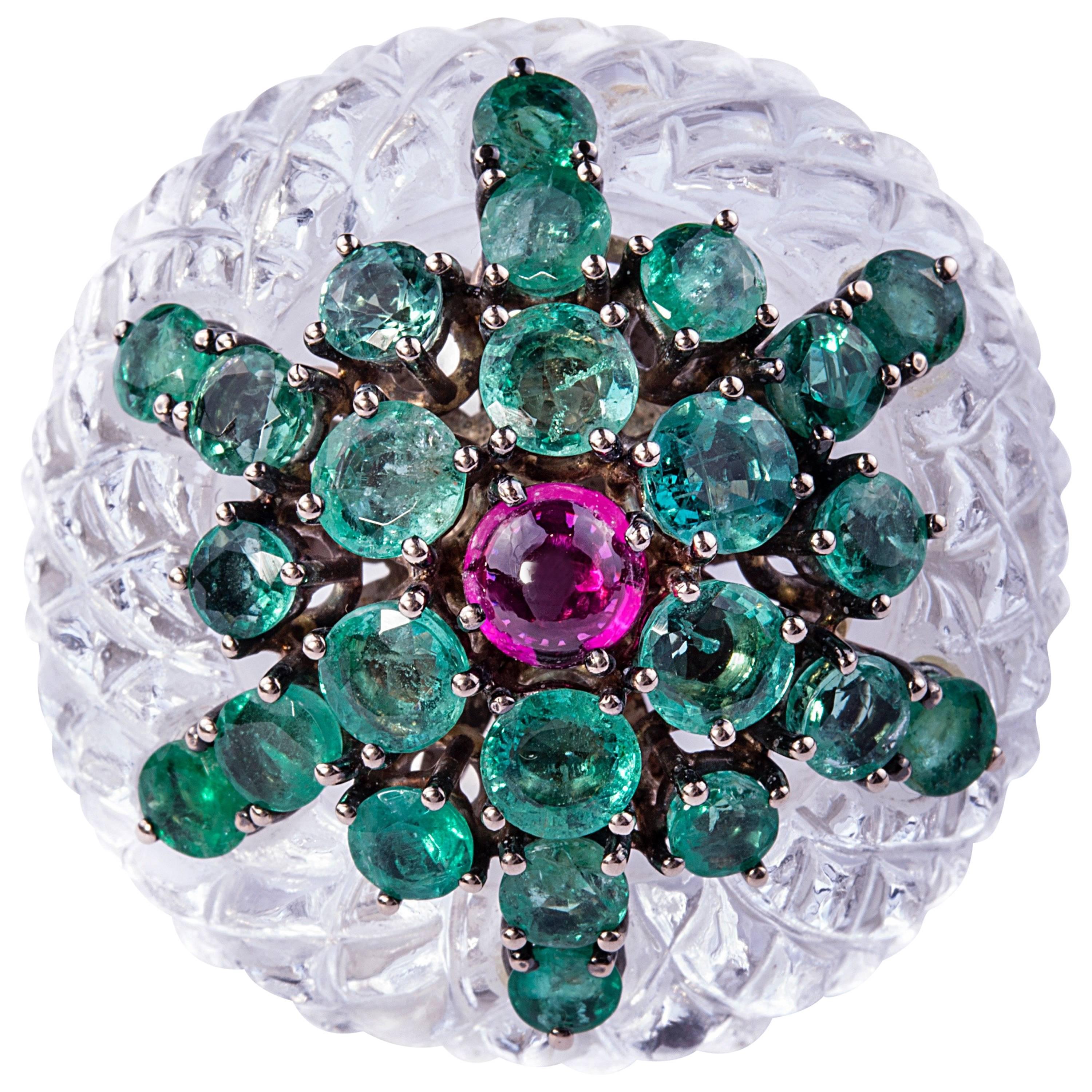 Rock Crystal Emerald Ruby Ring For Sale