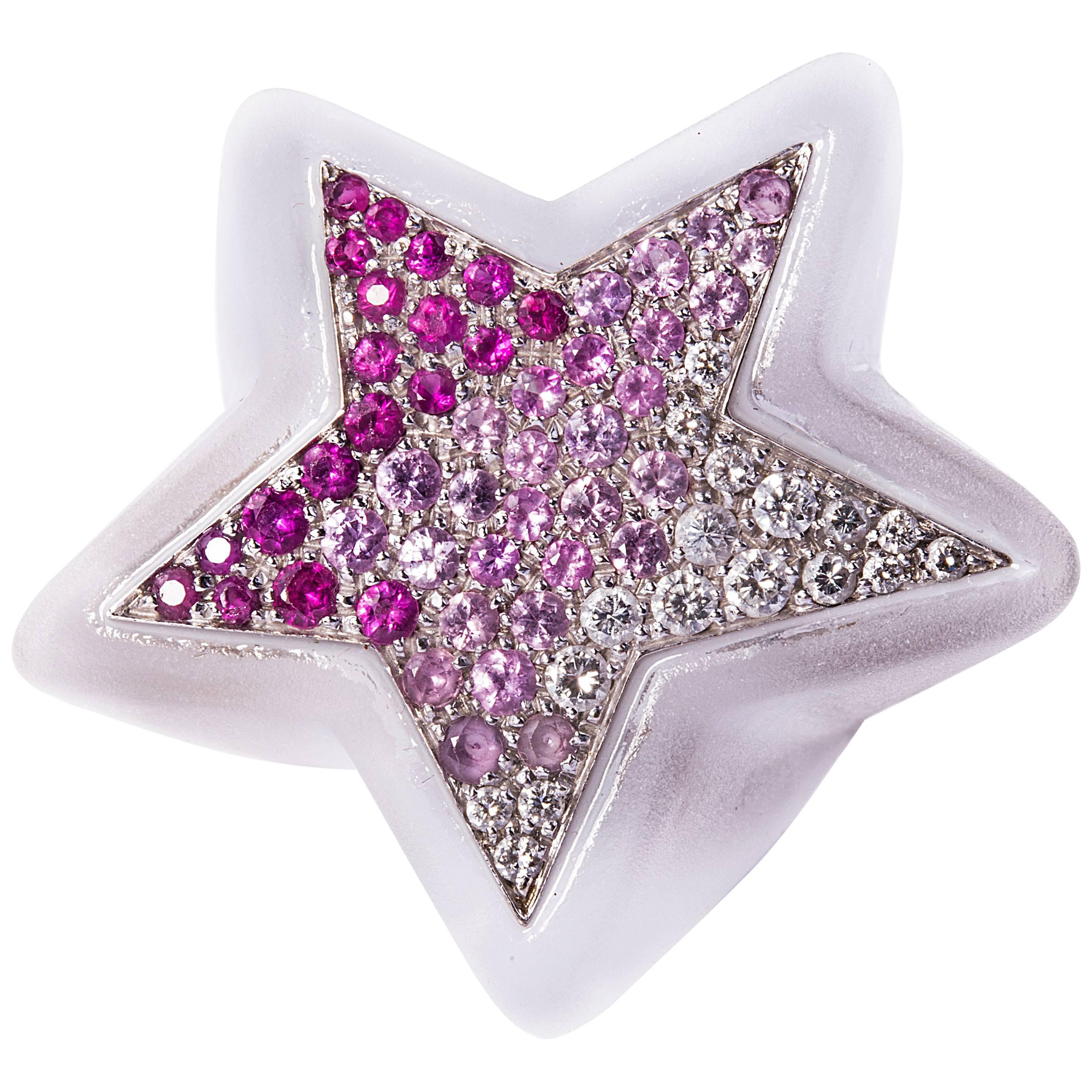 Rock Crystal, Pink Sapphire, Diamond and Gold Star Ring For Sale