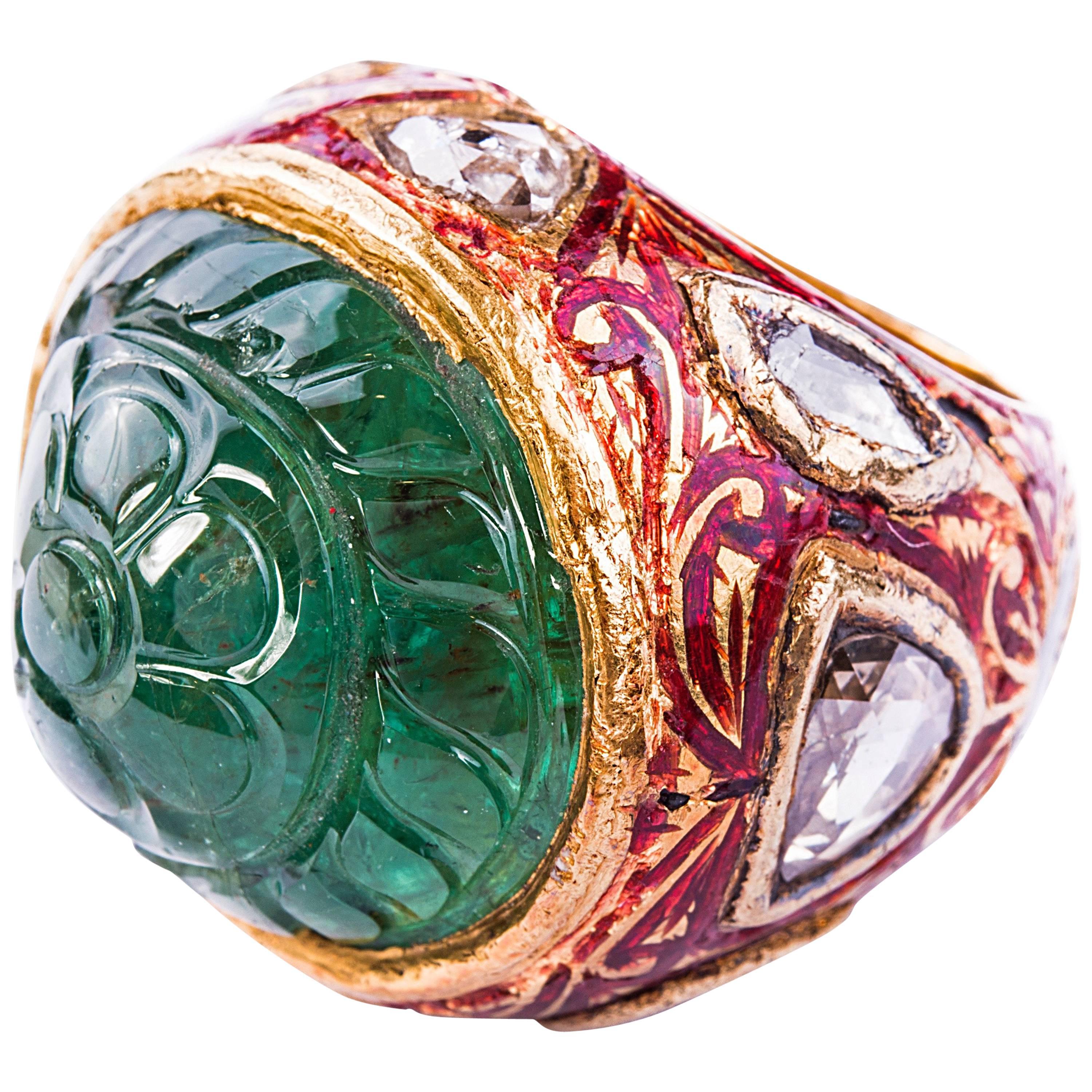 Antique Carved Emerald Indian Ring For Sale