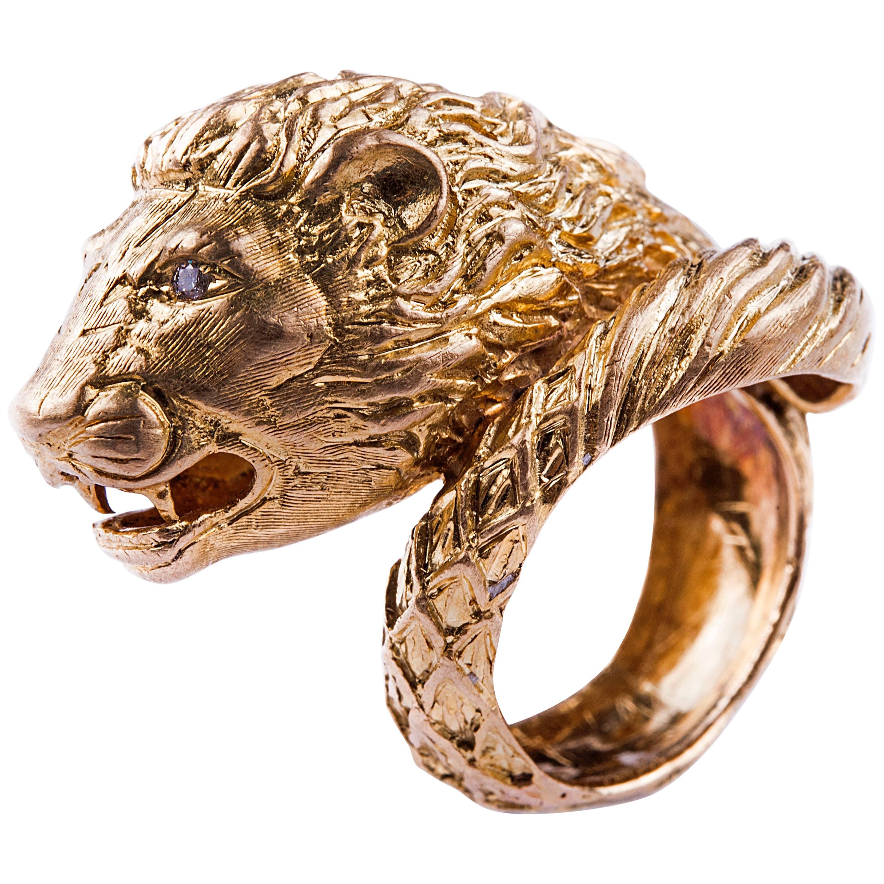 Gold Lion Ring with Diamond Eyes For Sale