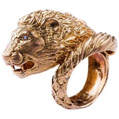 Gold Lion Ring with Diamond Eyes
