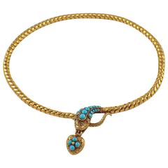 Antique Victorian Turquoise Diamond Snake Gold Necklace 