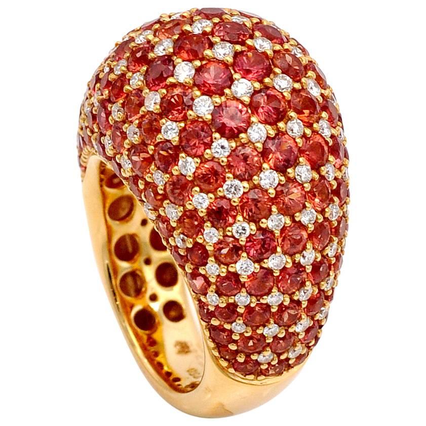 Orange Sapphire Diamond Gold Domed Cluster Ring