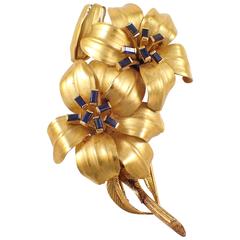 French Tiffany & Co Sapphire Flower Gold Brooch 