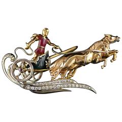 1950s Diamond Ruby Enamel Chariot Gladiator Gold Pin