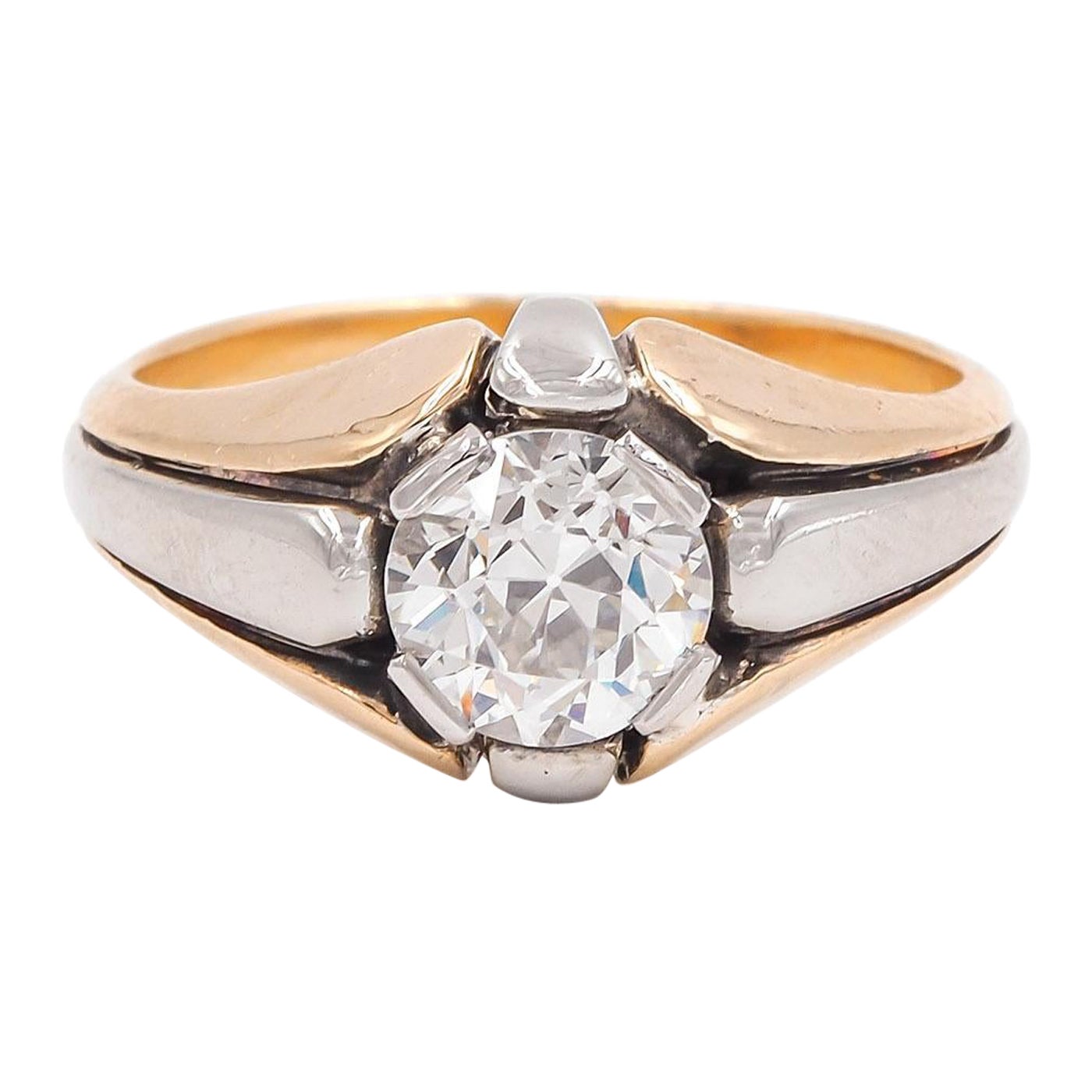 French Art Deco 1.40 Carat GIA Old European Cut Diamond Two-Tone Ring