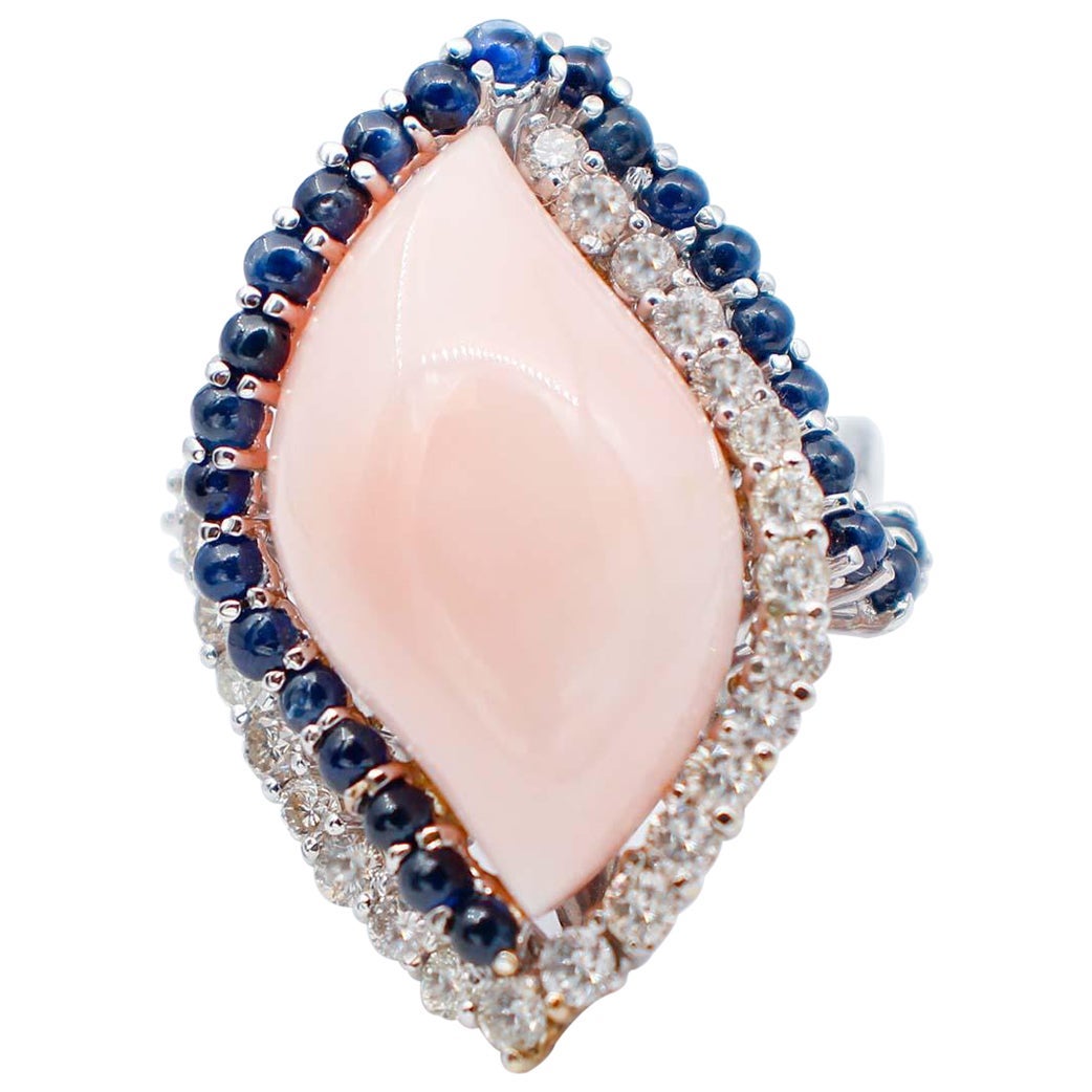 Pink Coral, Sapphires, Diamonds, 14 Karat White Gold Ring For Sale