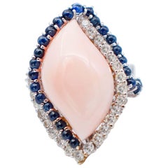 Pink Coral, Sapphires, Diamonds, 14 Karat White Gold Ring