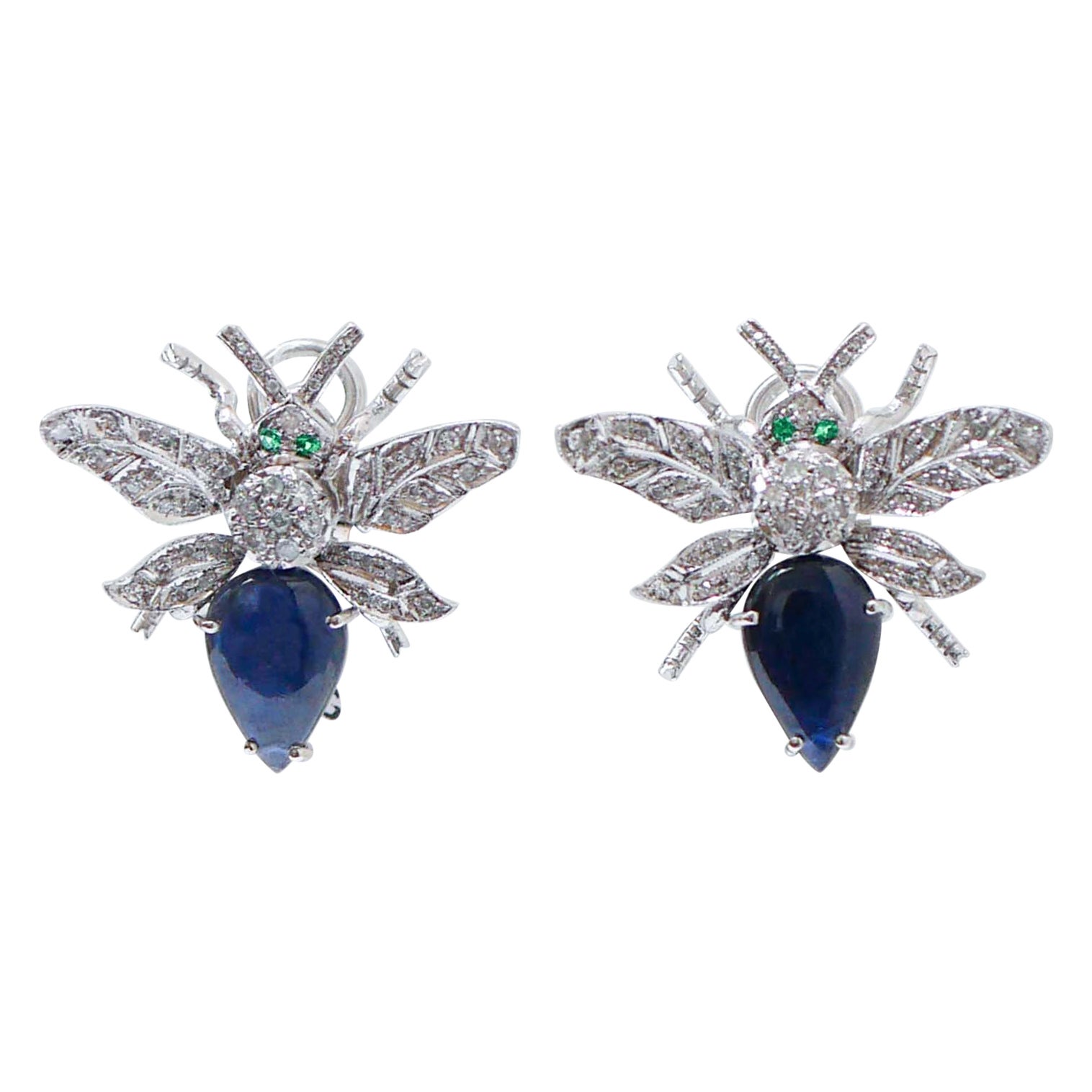 Sapphires, Tsavorite, Diamonds, Platinum and 14 Kt  Gold Fly Shape Earrings.